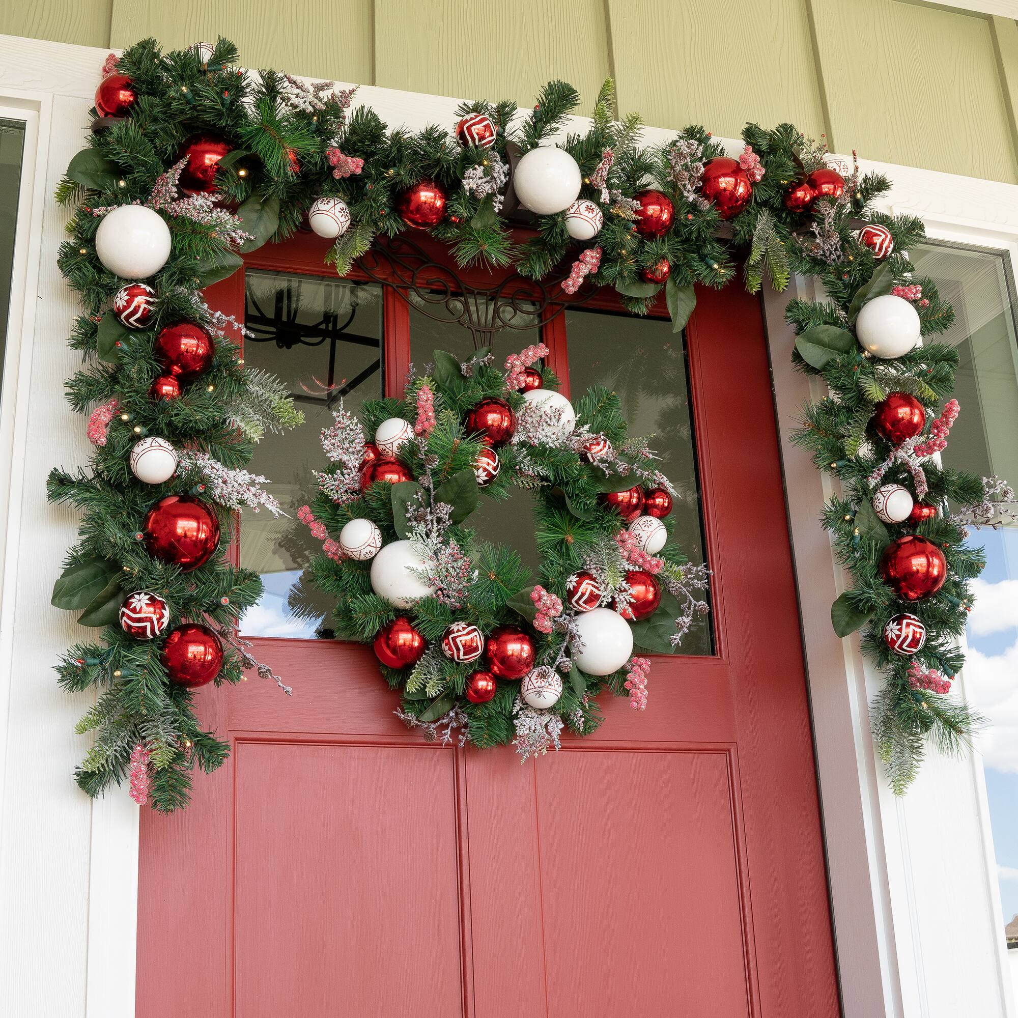 Village Lighting 24" Pre-Lit Nordic Christmas Wreath, Red & Clear LED Lights
